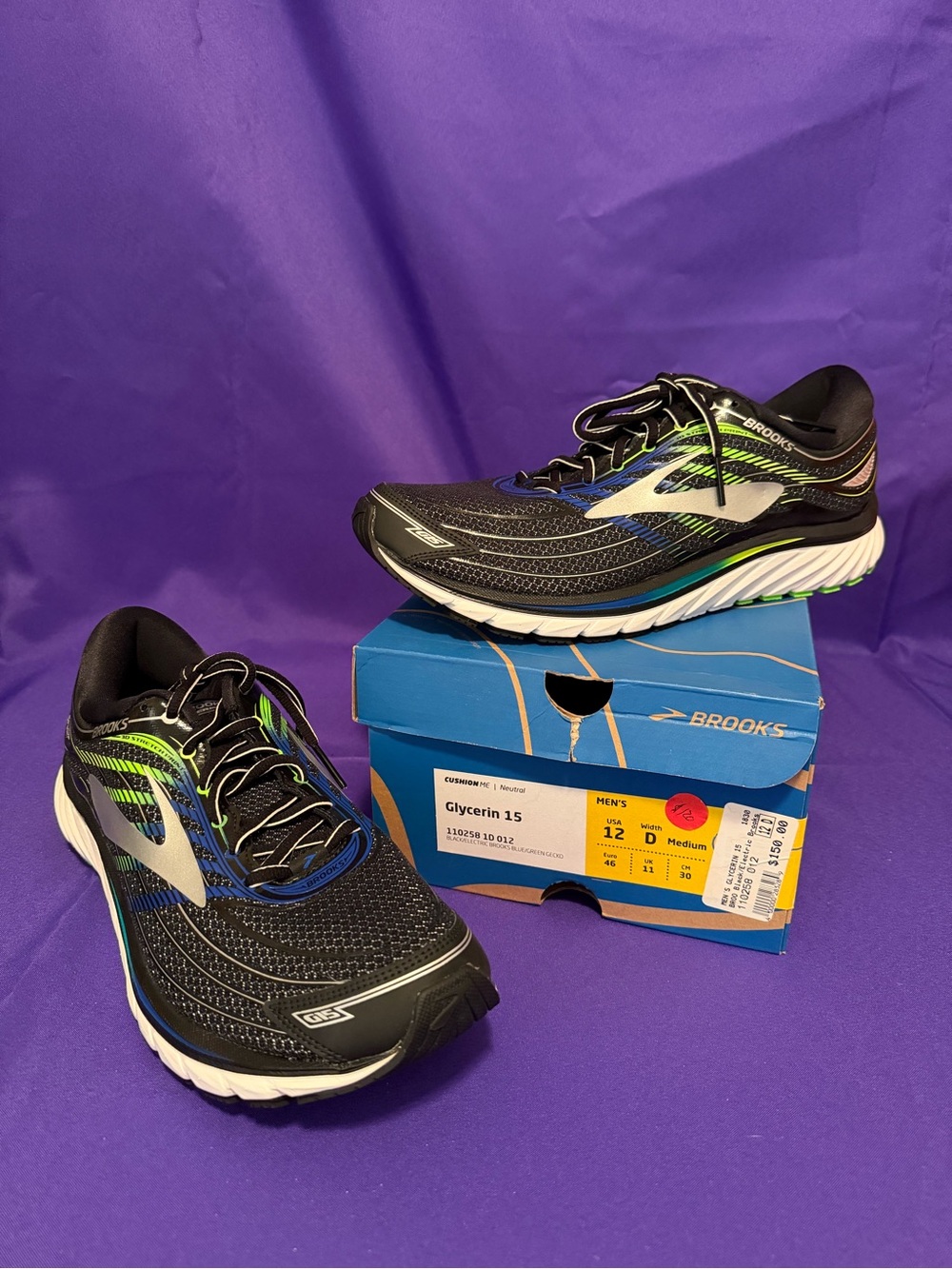 New Brooks Men's Glycerin 15 Running Shoes in Black, Blue, and Green Size 12